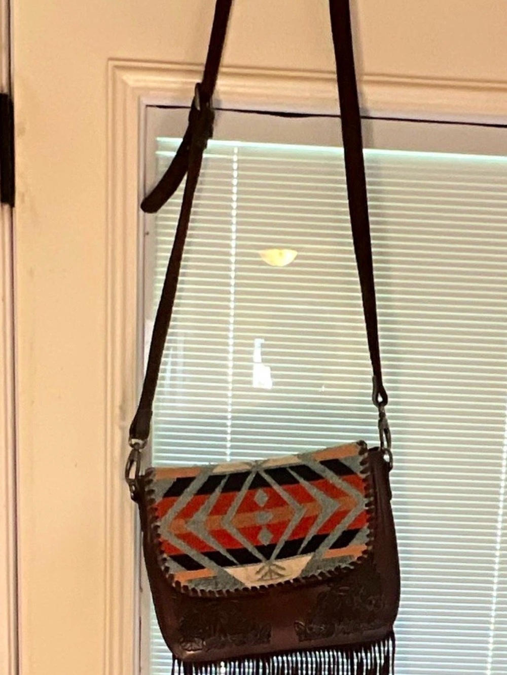 Shyanne Western Fringe Crossbody Bag with Aztec Pattern - Brown/Turquoise/Orange